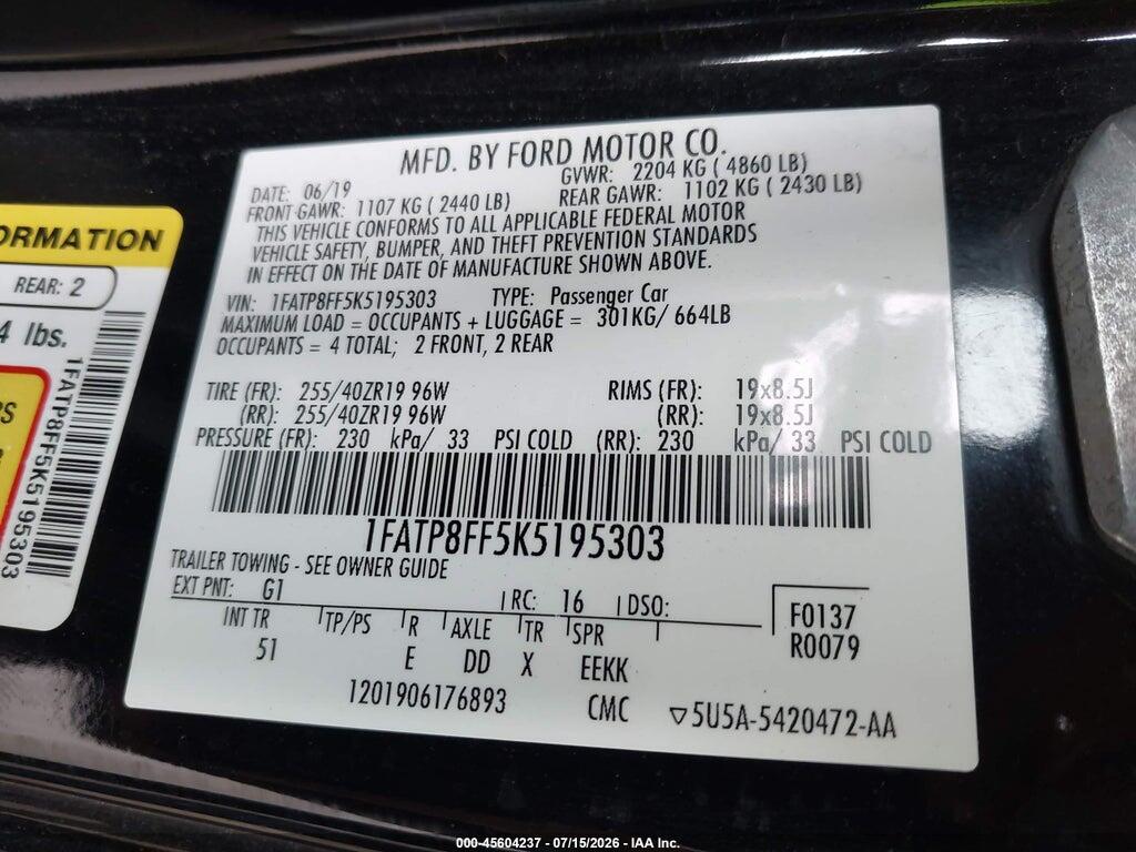1FATP8FF5K5195303 2019 FORD MUSTANG photo no. 9