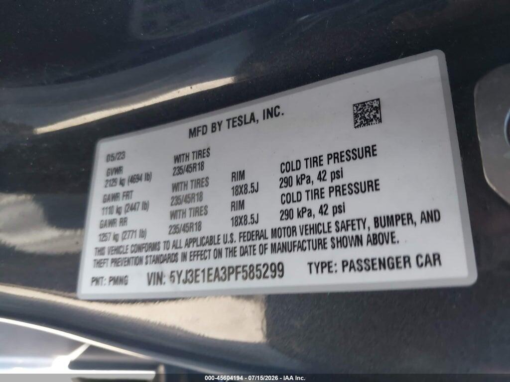 5YJ3E1EA3PF585299 2023 TESLA MODEL 3 photo no. 9