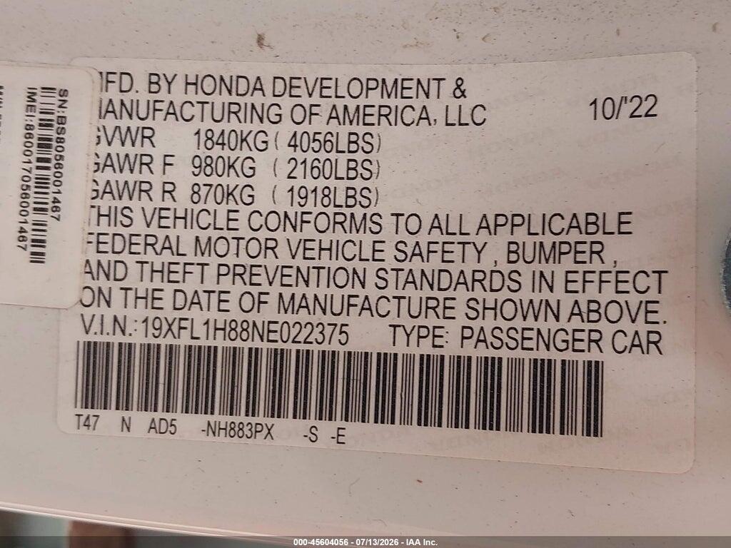 19XFL1H88NE022375 2022 HONDA CIVIC photo no. 9