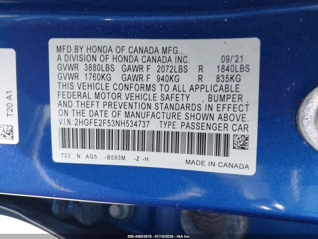 2HGFE2F53NH534737 2022 HONDA CIVIC photo no. 9