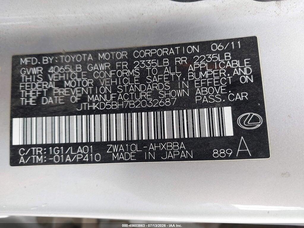 JTHKD5BH7B2032687 2011 LEXUS CT 200H photo no. 9