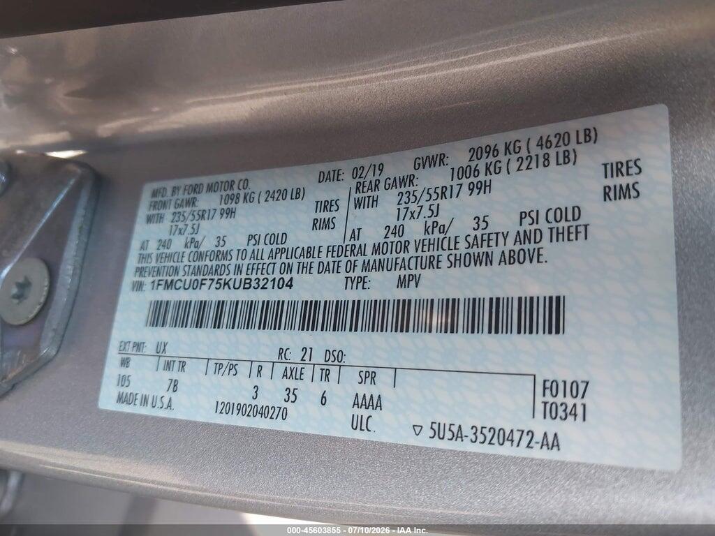 1FMCU0F75KUB32104 2019 FORD ESCAPE photo no. 9