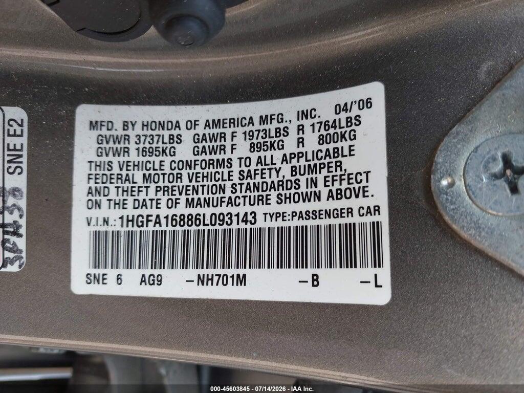 1HGFA16886L093143 2006 HONDA CIVIC photo no. 9