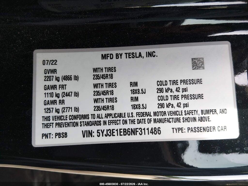 5YJ3E1EB6NF311486 2022 TESLA MODEL 3 photo no. 9