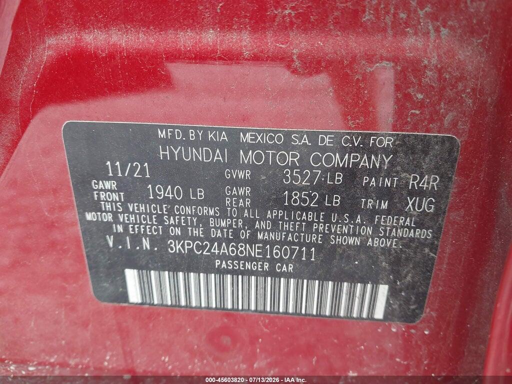 3KPC24A68NE160711 2022 HYUNDAI ACCENT photo no. 9