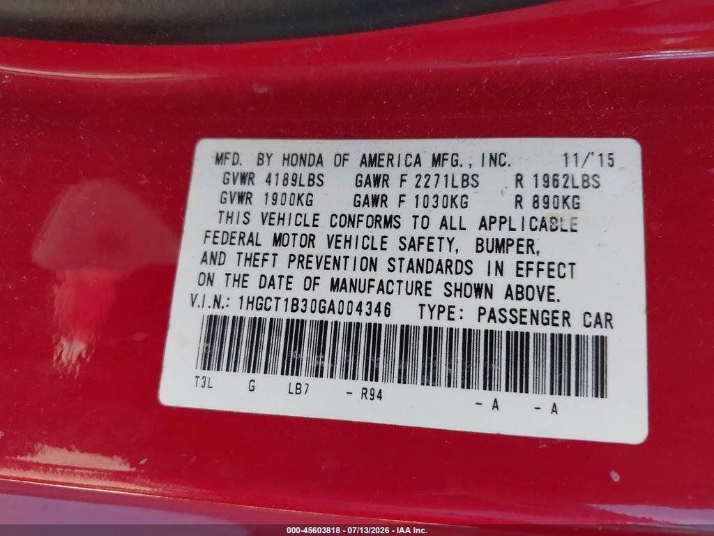 1HGCT1B30GA004346 2016 HONDA ACCORD photo no. 9