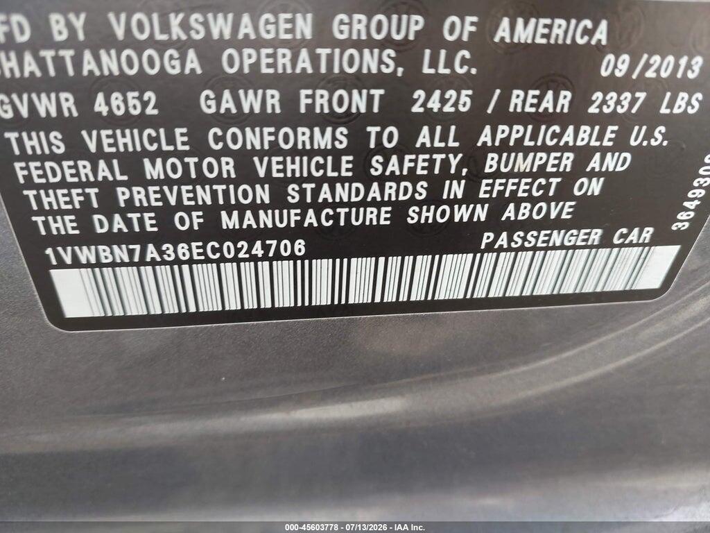 1VWBN7A36EC024706 2014 VOLKSWAGEN PASSAT photo no. 9