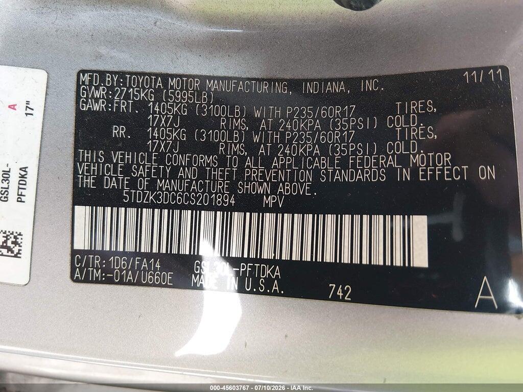 5TDZK3DC6CS201894 2012 TOYOTA SIENNA photo no. 9
