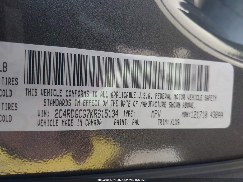 2C4RDGCG7KR615134 2019 DODGE GRAND CARAVAN photo no. 9