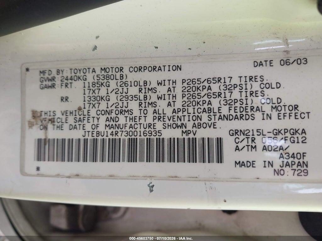 JTEBU14R730016935 2003 TOYOTA 4RUNNER photo no. 9
