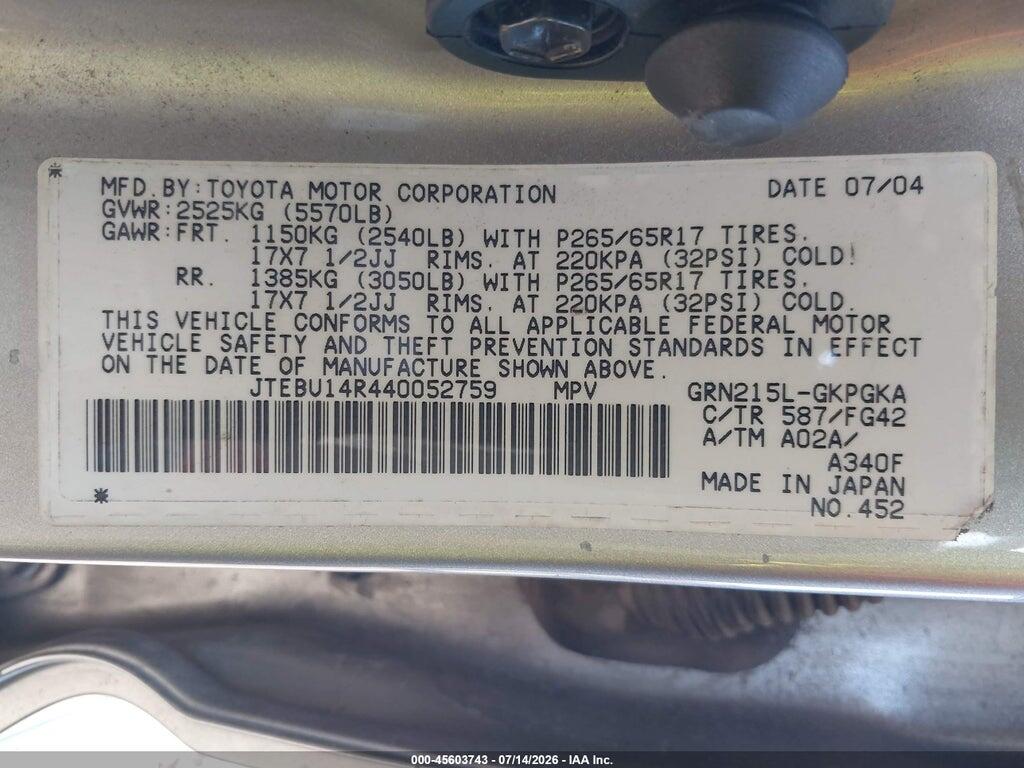 JTEBU14R440052759 2004 TOYOTA 4RUNNER photo no. 9