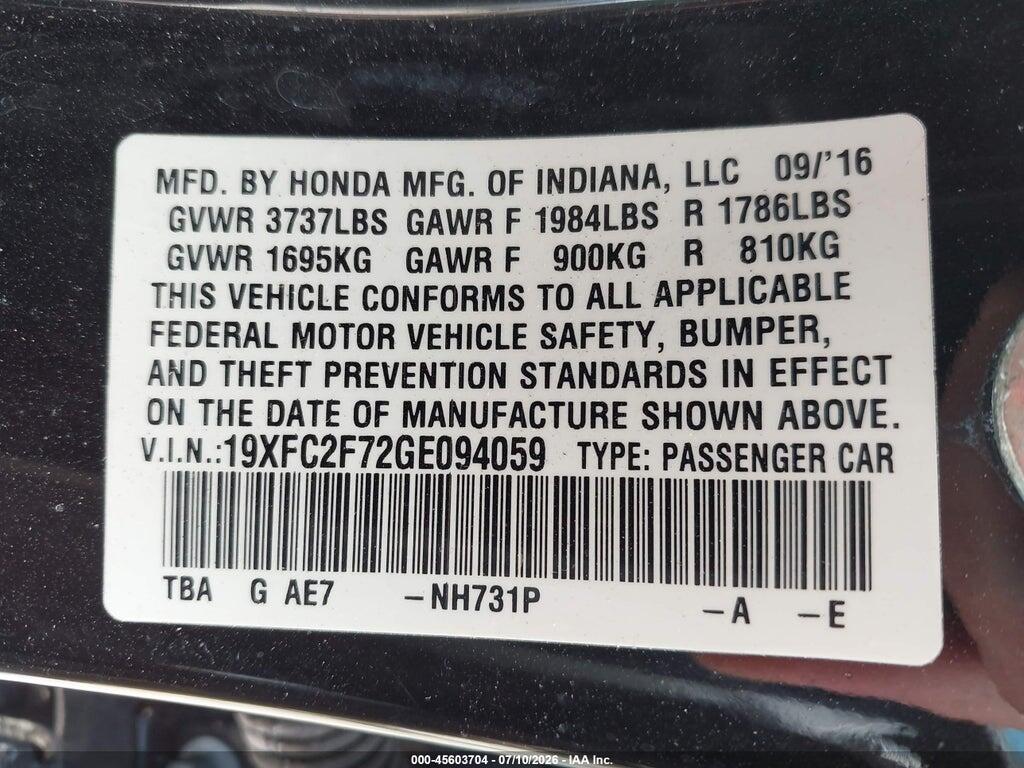 19XFC2F72GE094059 2016 HONDA CIVIC photo no. 9