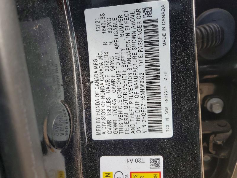 2HGFE2F55NH560322 2022 HONDA CIVIC photo no. 12