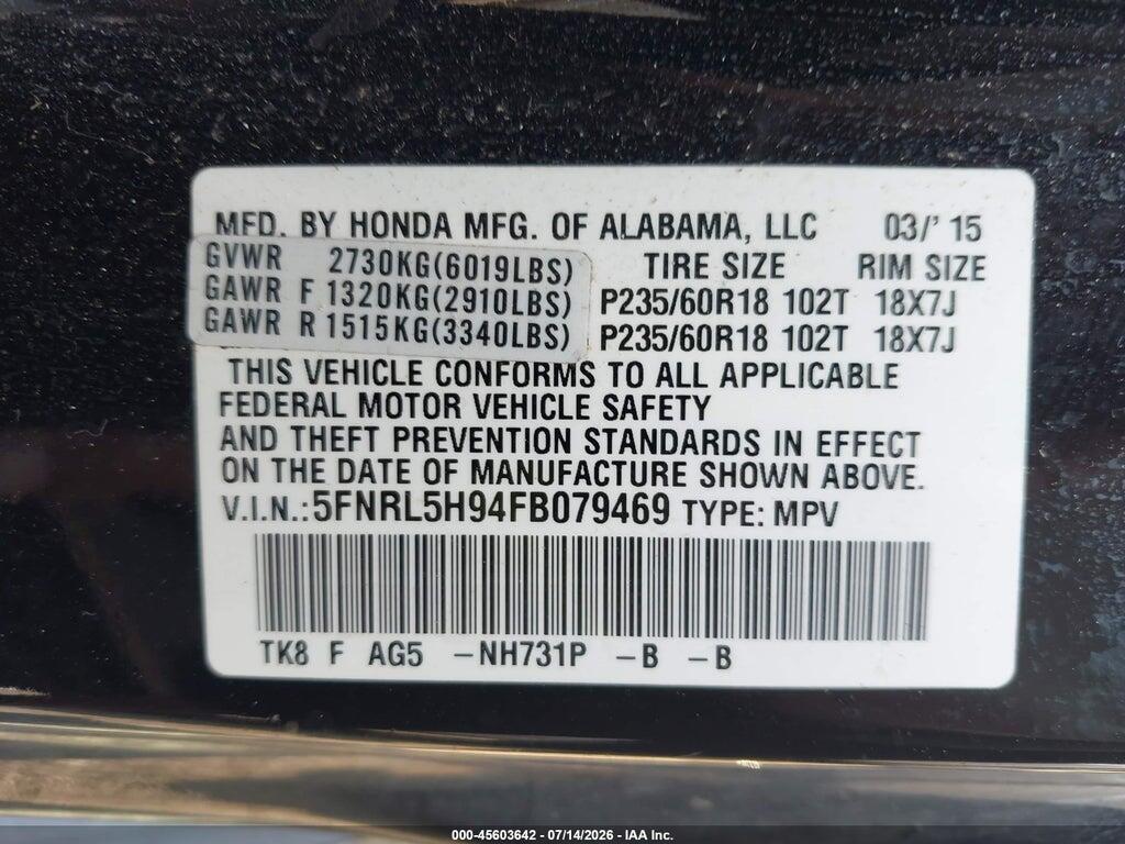 5FNRL5H94FB079469 2015 HONDA ODYSSEY photo no. 9