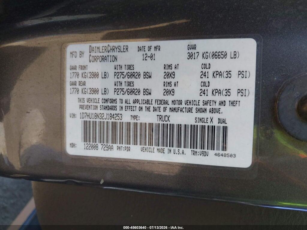 1D7HU18N32J184253 2002 DODGE RAM 1500 photo no. 9