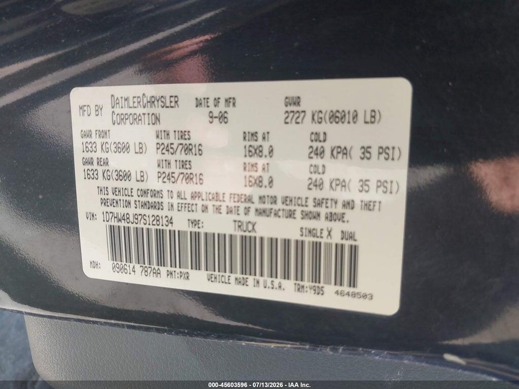 1D7HW48J97S128134 2007 DODGE DAKOTA photo no. 9