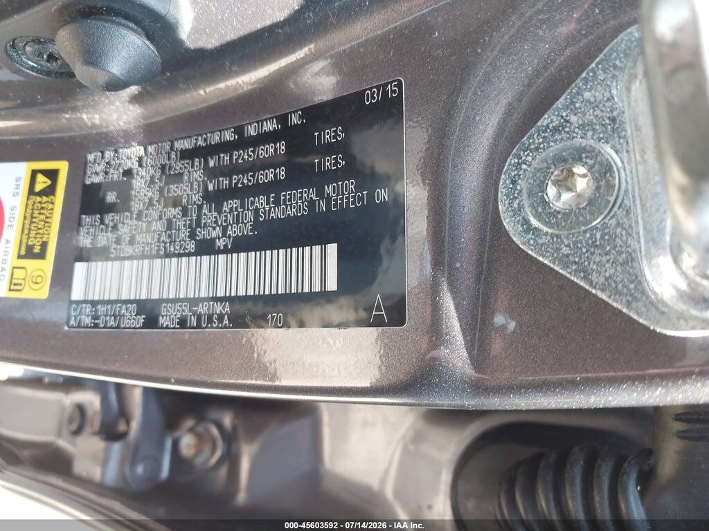 5TDBKRFH1FS149298 2015 TOYOTA HIGHLANDER photo no. 9