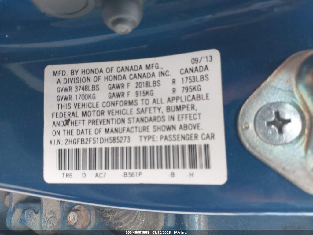 2HGFB2F51DH585273 2013 HONDA CIVIC photo no. 9