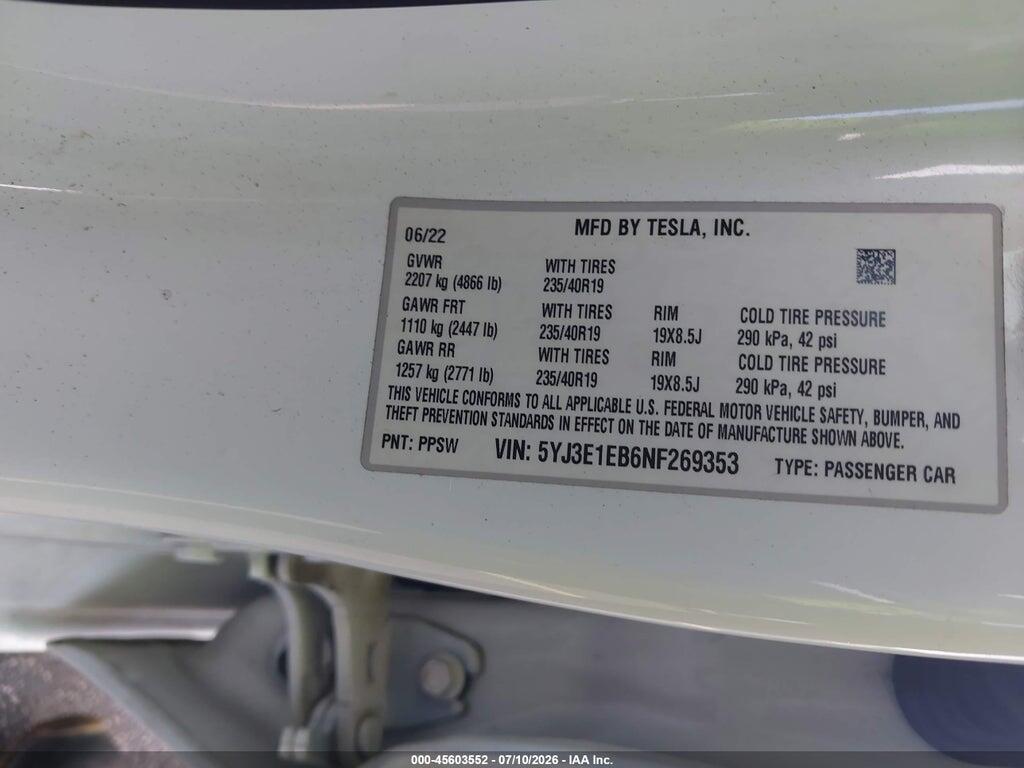 5YJ3E1EB6NF269353 2022 TESLA MODEL 3 photo no. 9