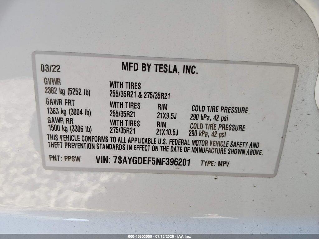 7SAYGDEF5NF396201 2022 TESLA MODEL Y photo no. 9