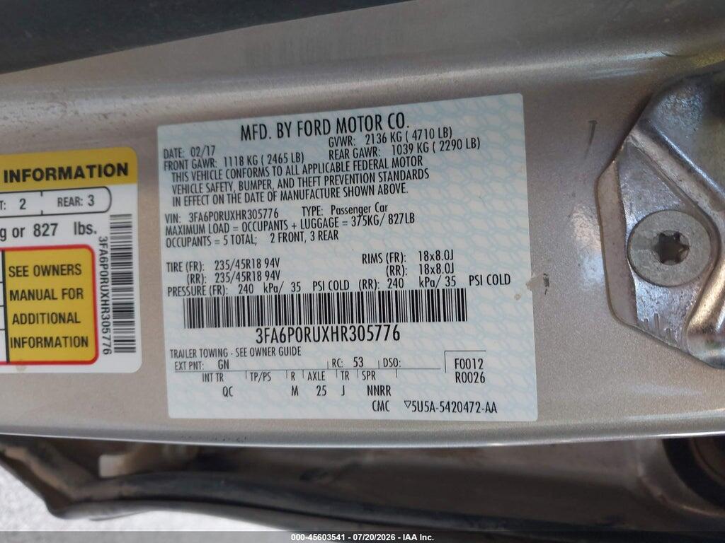 3FA6P0RUXHR305776 2017 FORD FUSION HYBRID photo no. 9