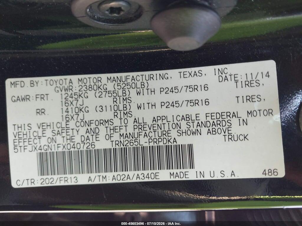 5TFJX4GN1FX040726 2015 TOYOTA TACOMA photo no. 9