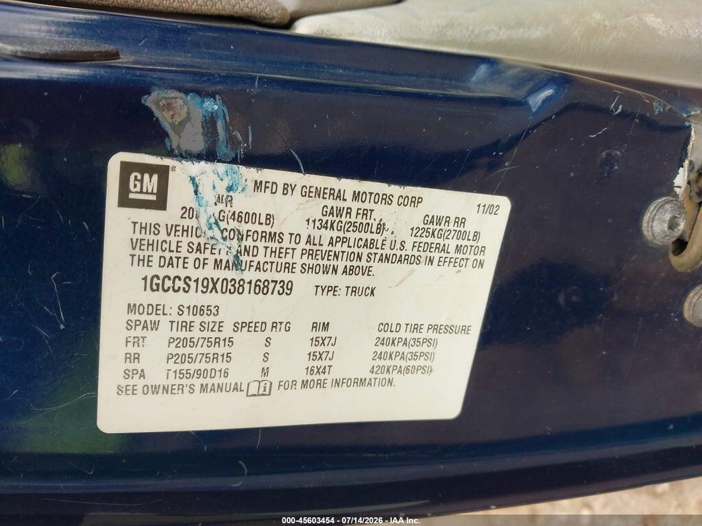 1GCCS19X038168739 2003 CHEVROLET S-10 photo no. 9