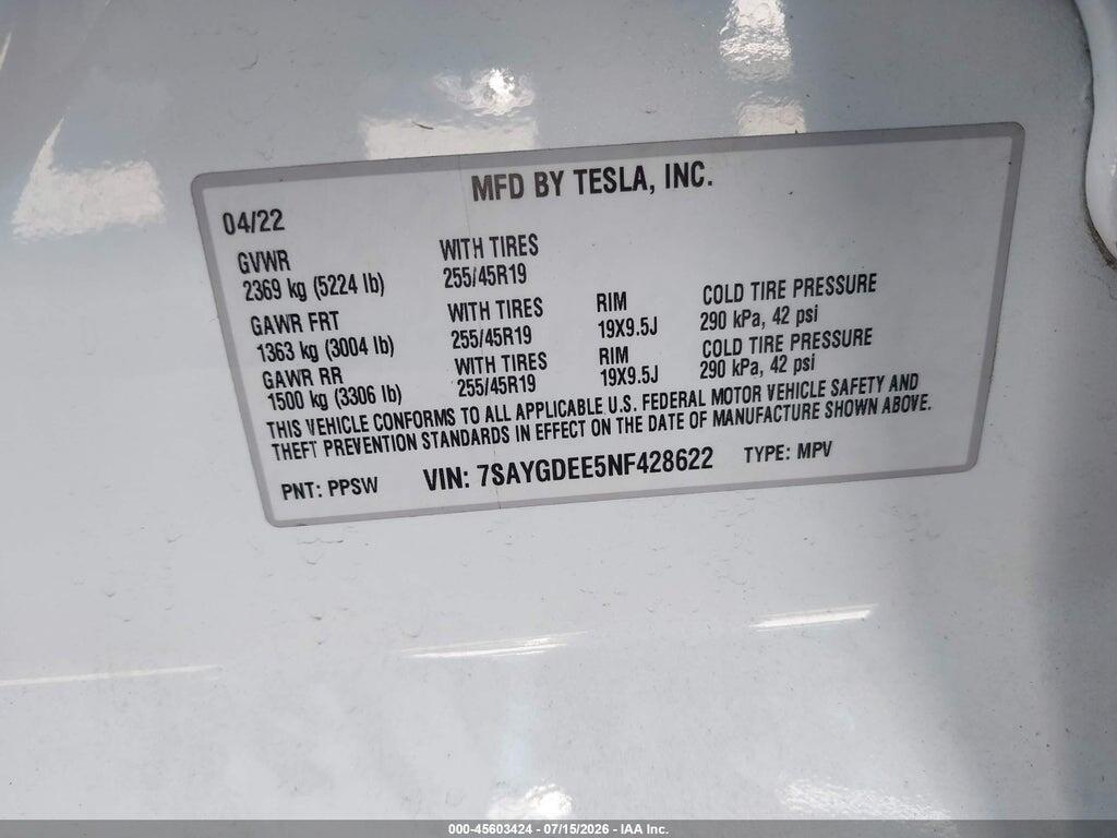 7SAYGDEE5NF428622 2022 TESLA MODEL Y photo no. 9