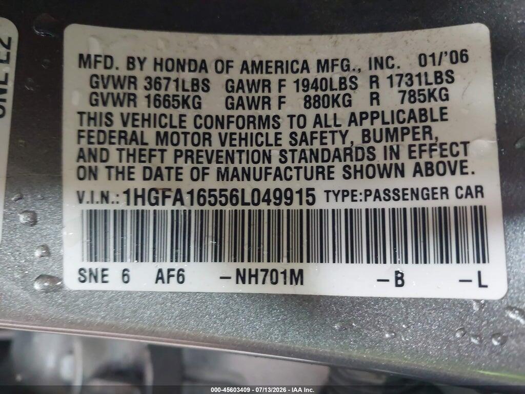 1HGFA16556L049915 2006 HONDA CIVIC photo no. 9