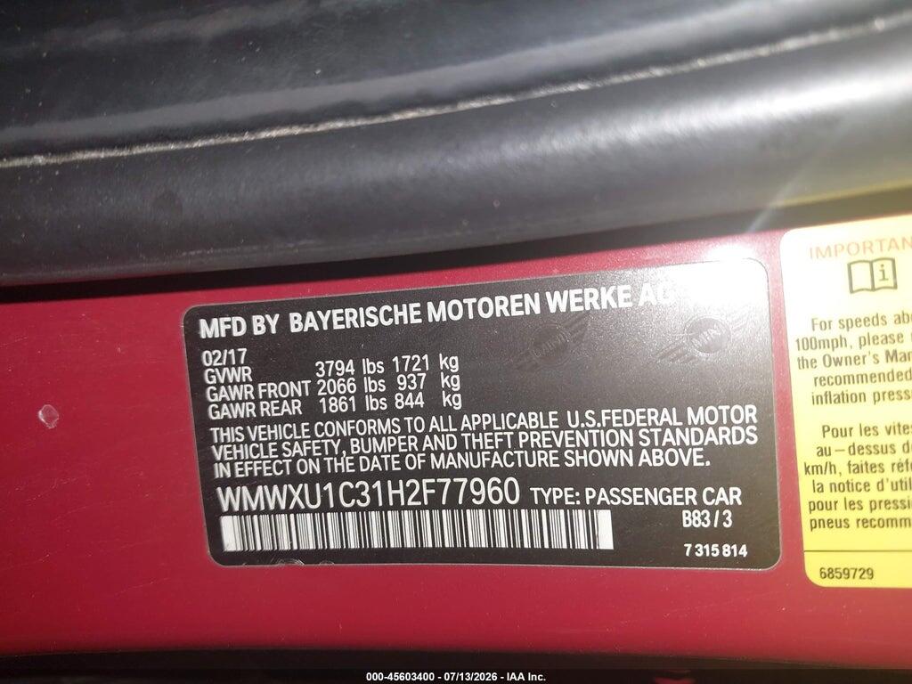 WMWXU1C31H2F77960 2017 MINI HARDTOP photo no. 9
