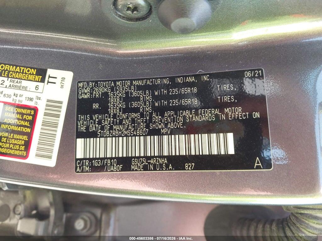 5TDBZRBH2MS548607 2021 TOYOTA HIGHLANDER photo no. 9