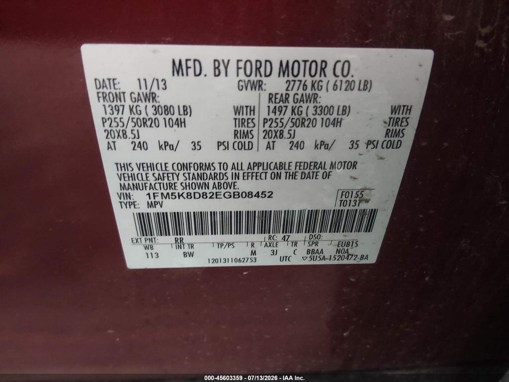 1FM5K8D82EGB08452 2014 FORD EXPLORER photo no. 9