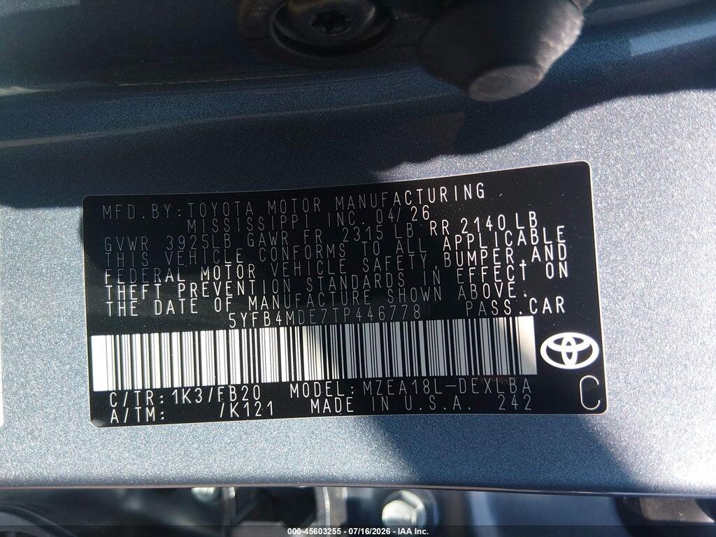 5YFB4MDE7TP446778 2026 TOYOTA COROLLA photo no. 9