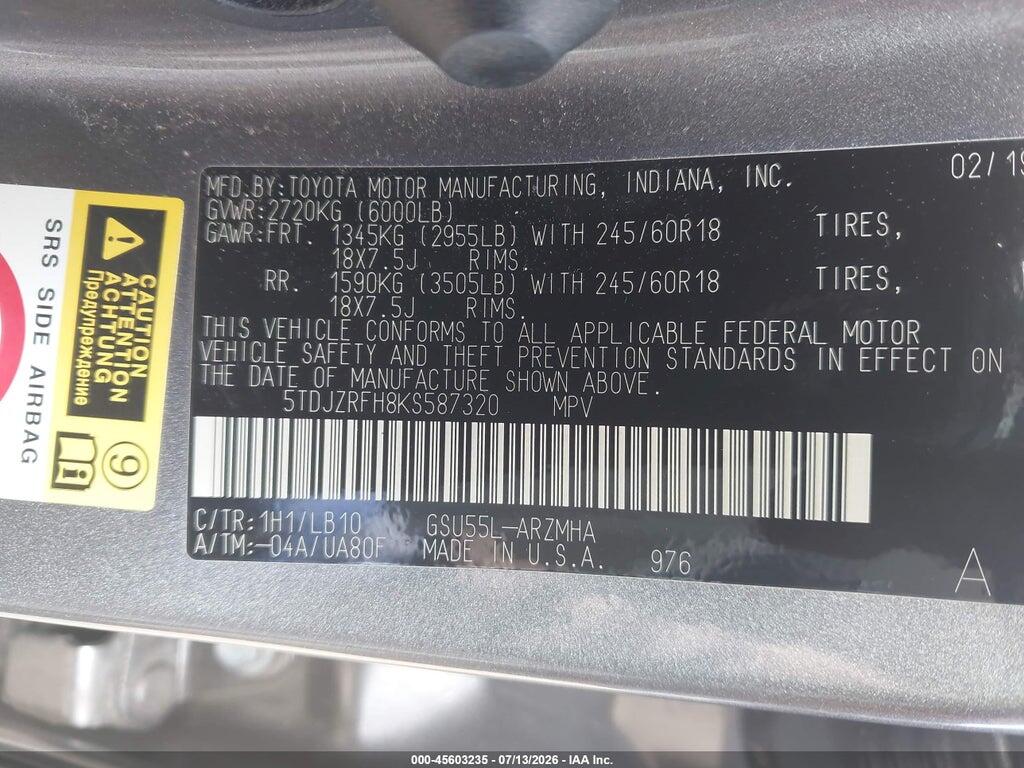 5TDJZRFH8KS587320 2019 TOYOTA HIGHLANDER photo no. 9