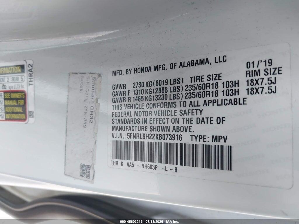 5FNRL6H22KB073916 2019 HONDA ODYSSEY photo no. 9