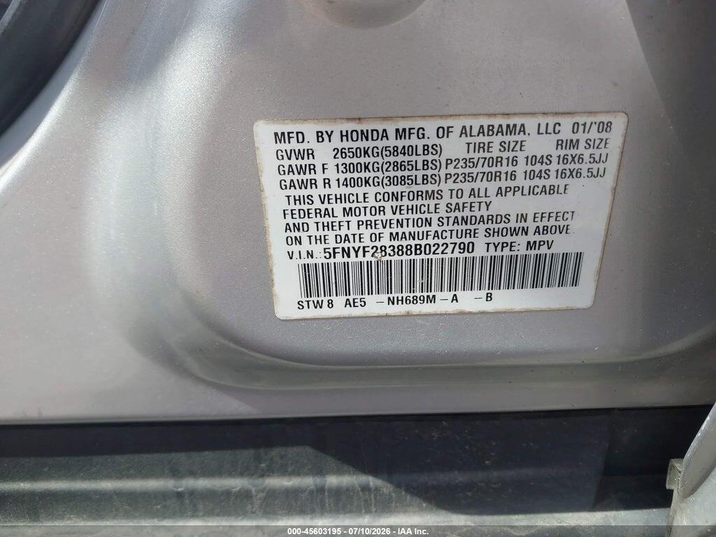 5FNYF28388B022790 2008 HONDA PILOT photo no. 9