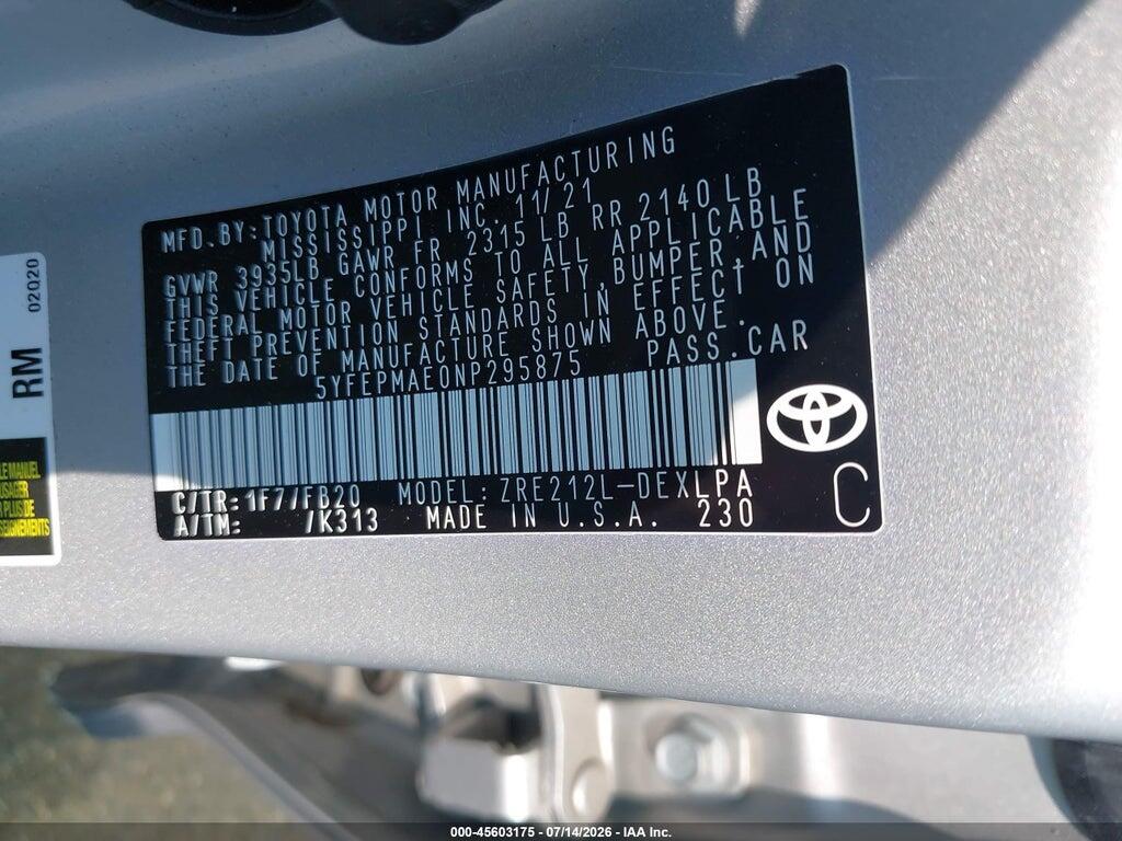 5YFEPMAE0NP295875 2022 TOYOTA COROLLA photo no. 9