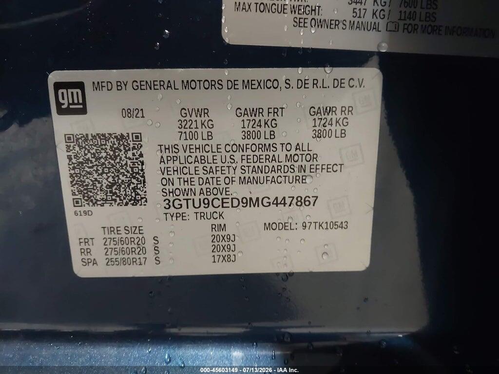 3GTU9CED9MG447867 2021 GMC SIERRA 1500 photo no. 9