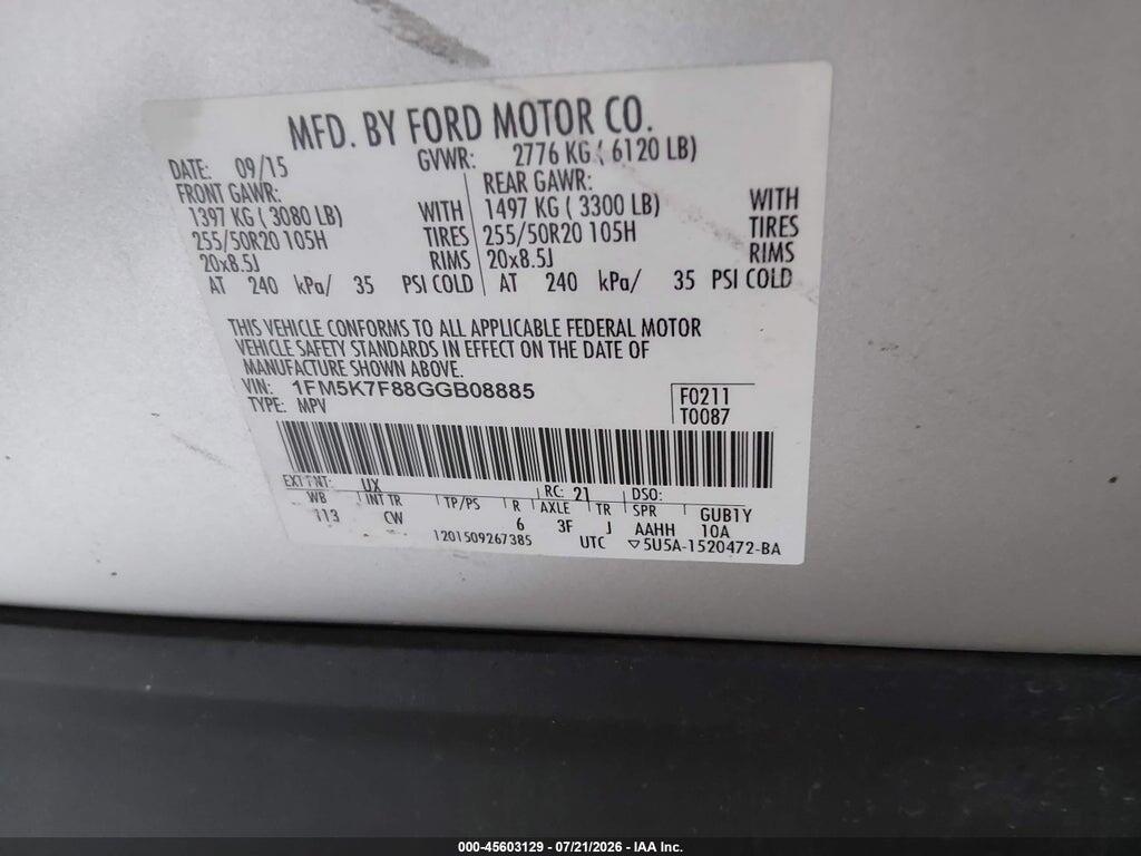1FM5K7F88GGB08885 2016 FORD EXPLORER photo no. 9