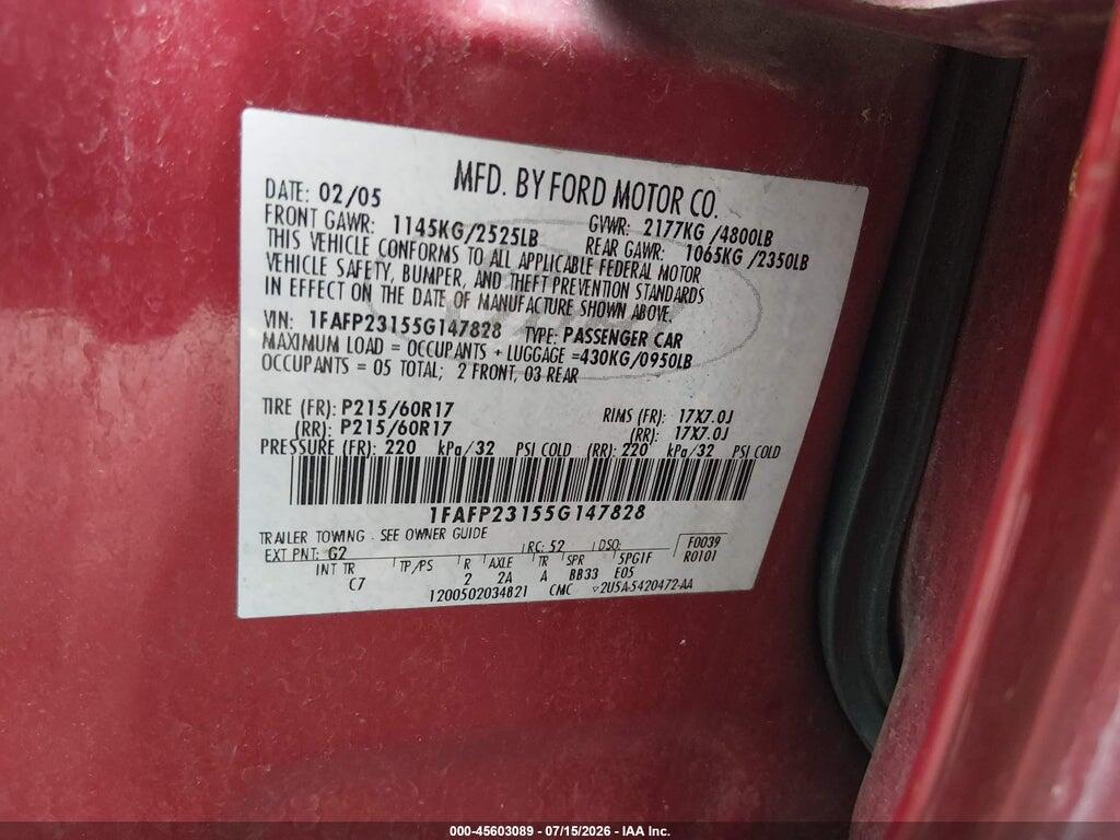 1FAFP23155G147828 2005 FORD FIVE HUNDRED photo no. 9