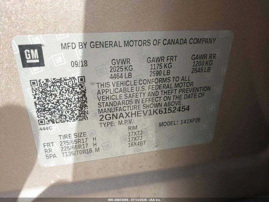 2GNAXHEV1K6152454 2019 CHEVROLET EQUINOX photo no. 9