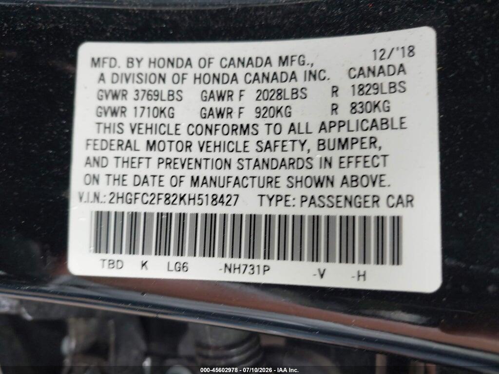 2HGFC2F82KH518427 2019 HONDA CIVIC photo no. 9
