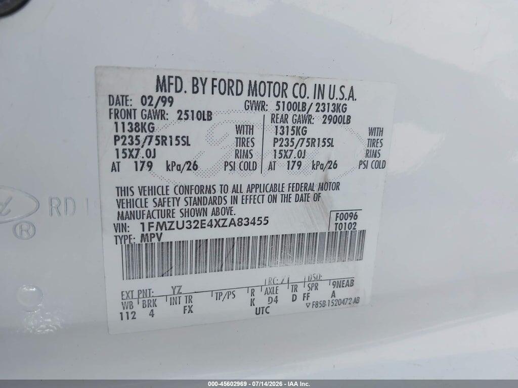 1FMZU32E4XZA83455 1999 FORD EXPLORER photo no. 9