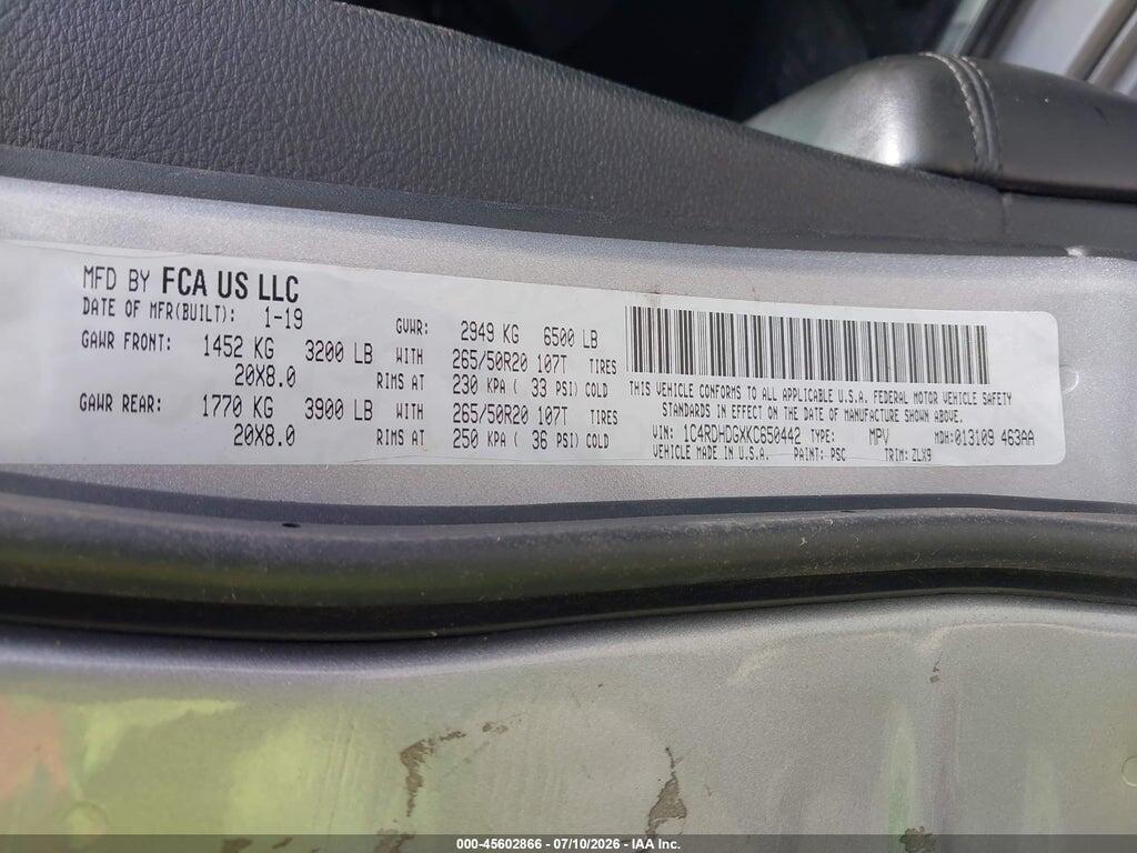 1C4RDHDGXKC650442 2019 DODGE DURANGO photo no. 9