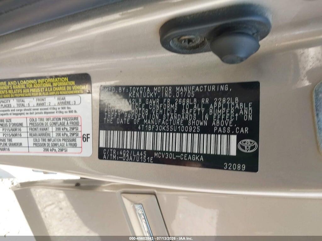 4T1BF30K55U100925 2005 TOYOTA CAMRY photo no. 9