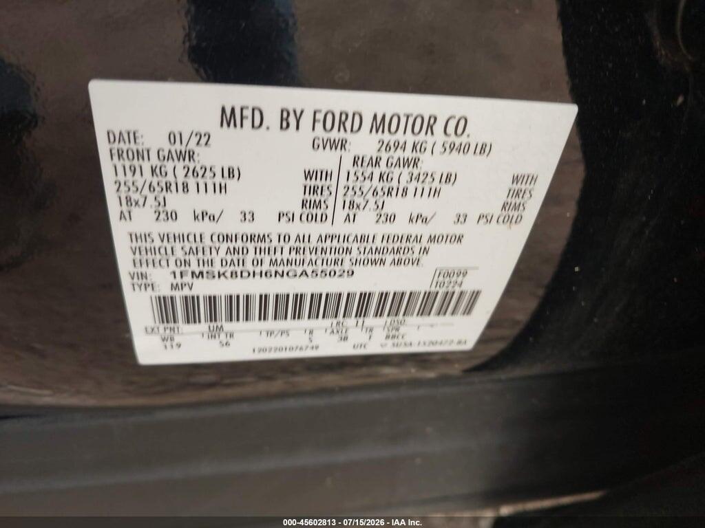 1FMSK8DH6NGA55029 2022 FORD EXPLORER photo no. 9