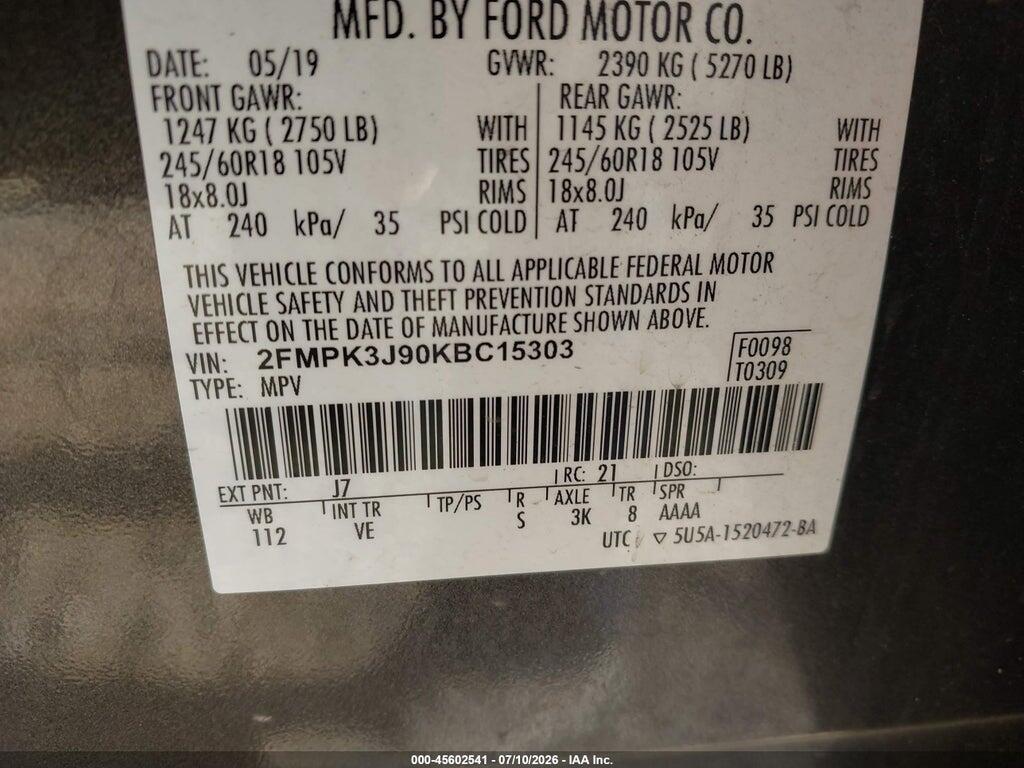 2FMPK3J90KBC15303 2019 FORD EDGE photo no. 9