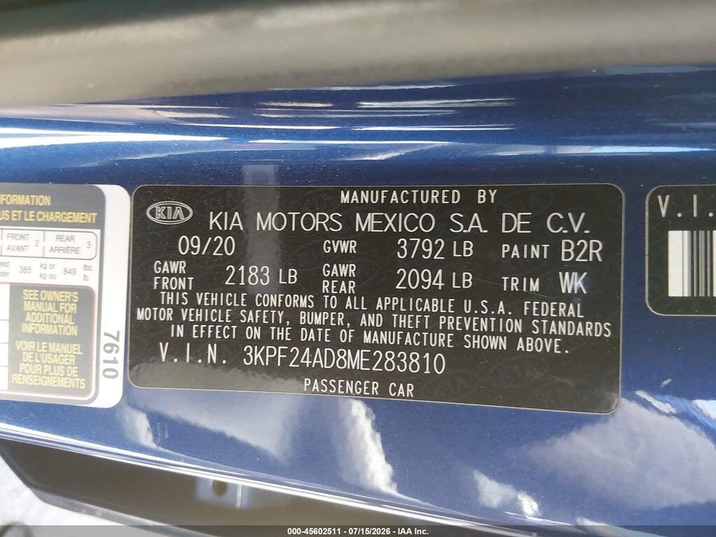 3KPF24AD8ME283810 2021 KIA FORTE photo no. 9