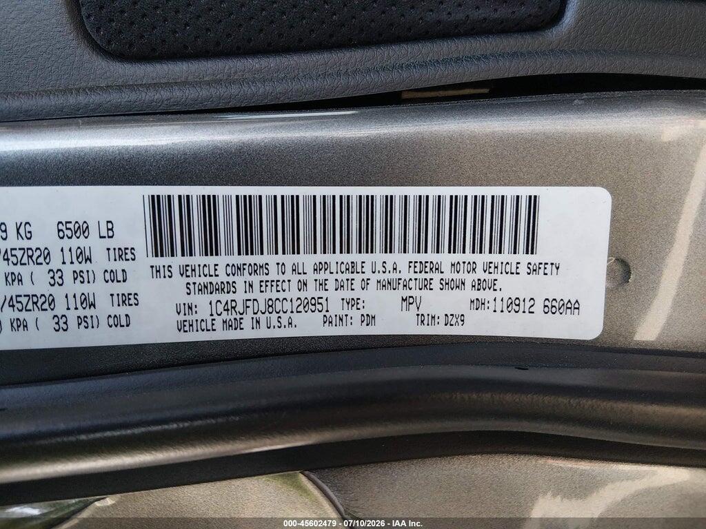 1C4RJFDJ8CC120951 2012 JEEP GRAND CHEROKEE photo no. 9