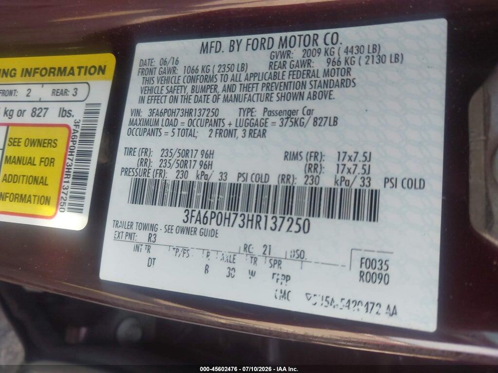 3FA6P0H73HR137250 2017 FORD FUSION photo no. 9